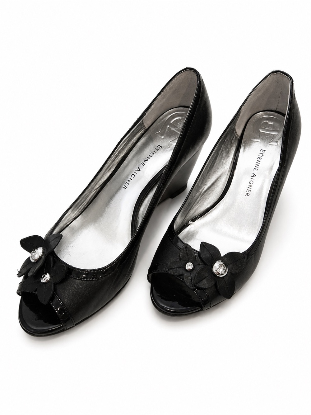 Etienne Aigner Black Peep-Toe Floral Crystal Pumps